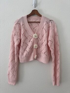 Womens Light Baby Pink Cropped Boxy Cardigan Floral Buttons Size Small Coquette